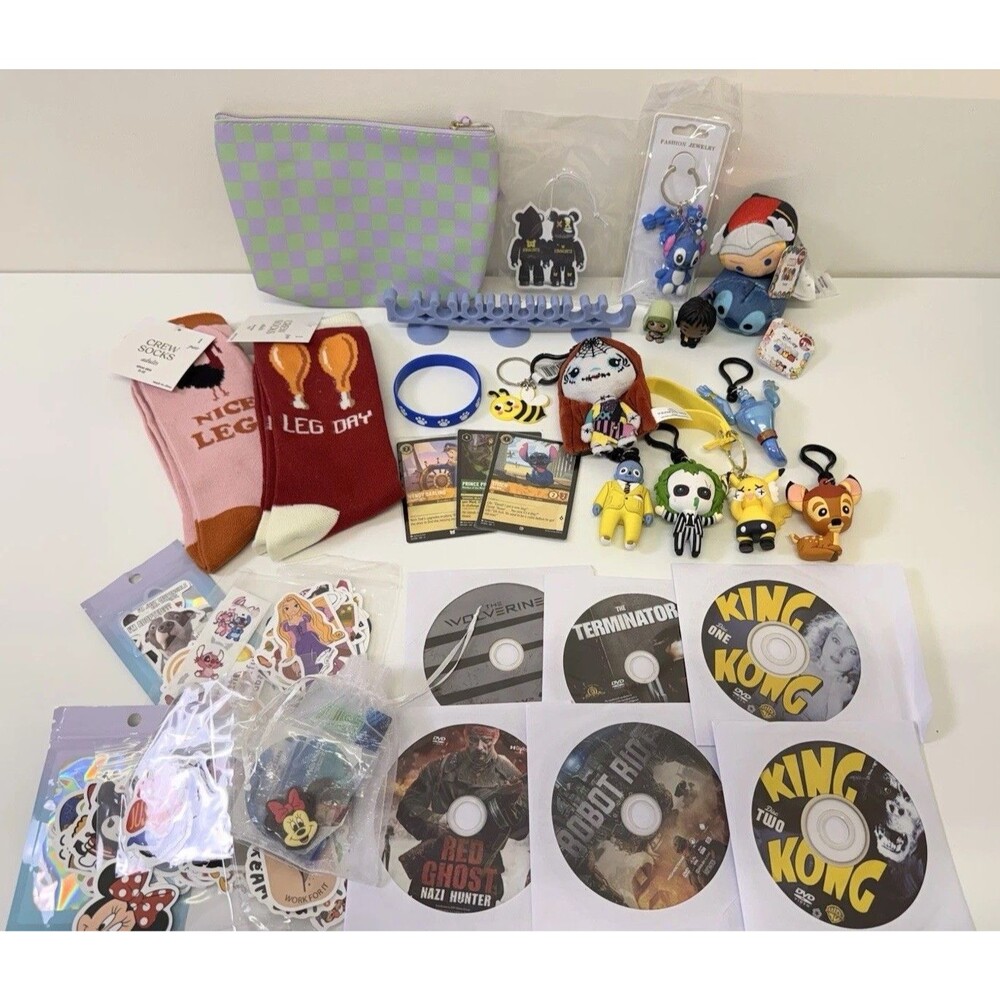 Huge Random Mixed Lot Plush Keychains Socks Stickers Cards DVDs Accessories